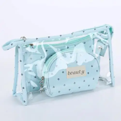 Wholesale Three-Piece Cosmetic Bag Set | Transparent PVC & Fabric Pouches for Beauty Brands & Retailers